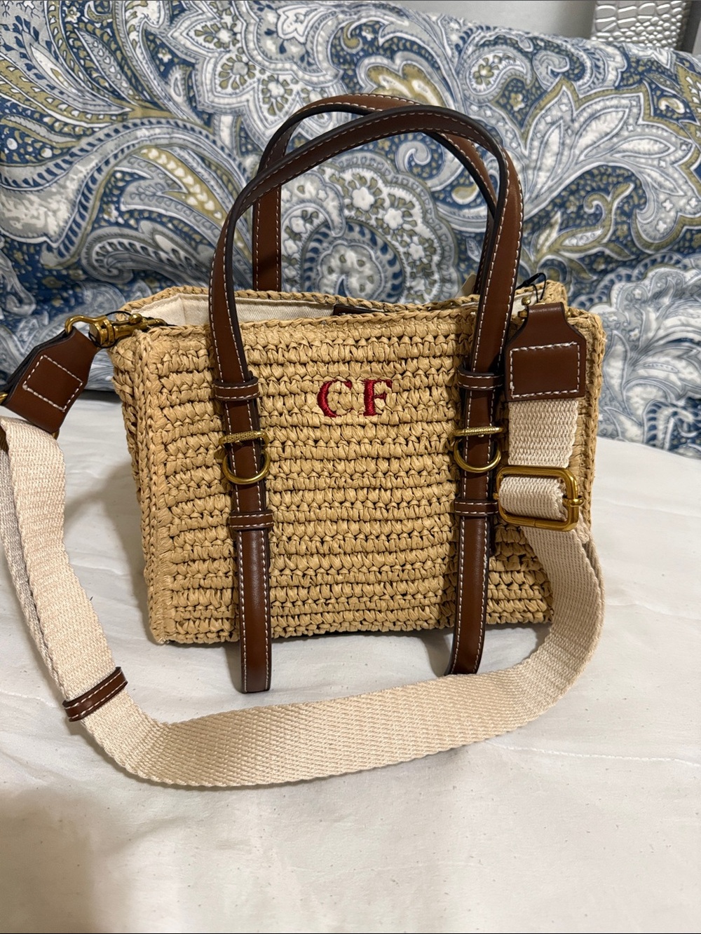 Zara Tan Woven Crossbody Bag with Brown Leather Trim